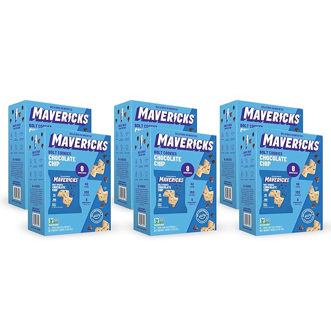 Mavericks Chocolate Chip Bolt Cookies - Plant-Based Chocolate Chip Cookies, Healthy, Plant-Based Snack for Kids, Nut Free, 40% Less Sugar - Back to School - 6 Boxes (48 Pouches)