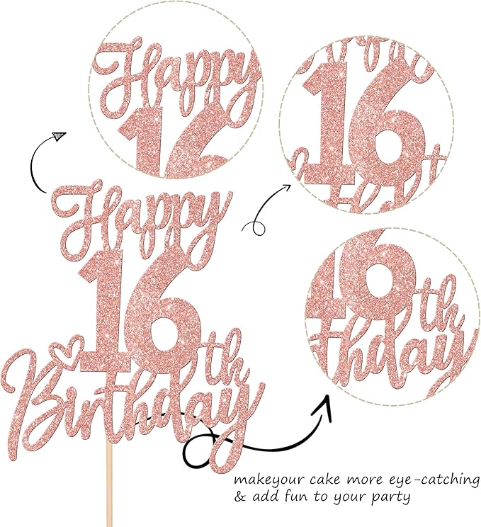 1 PCS Happy 16th Birthday Cake Topper Glitter Cheers to 16 Years Birthday Cake Pick Sixteen Sweet 16 Cake Decoration for Happy 16th Birthday Anniversary Theme Party Decorations Supplies Rose Gold