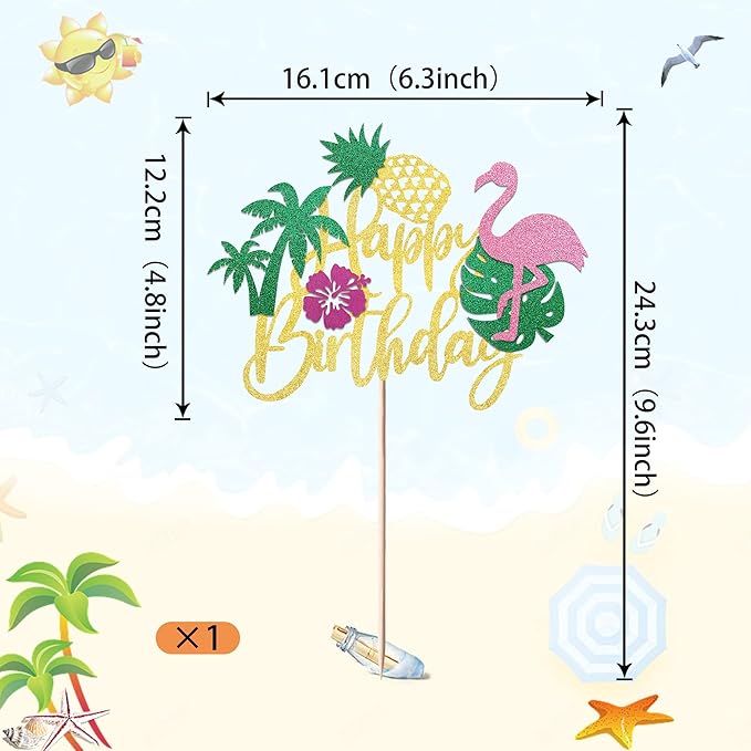 1 Pack Happy Birthday Cake Topper Tropical Hawaiian Luau Cake Pick Glitter Flamingo Plam Leave Pineapple Cake Decoration for Summer Baby Shower Birthday Party Supplies