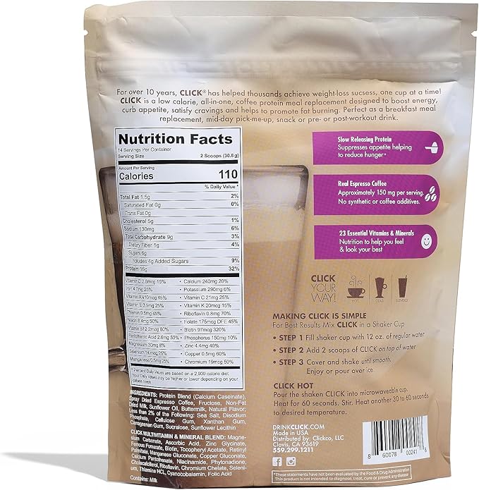 Click Coffee Protein Powder | Double Shot Espresso | 16g Protein | 23 Essential Vitamins | Low Calorie Meal Replacement | 150mg Caffeine | Gluten Free | No Artificial Flavors or Colors | Vanilla