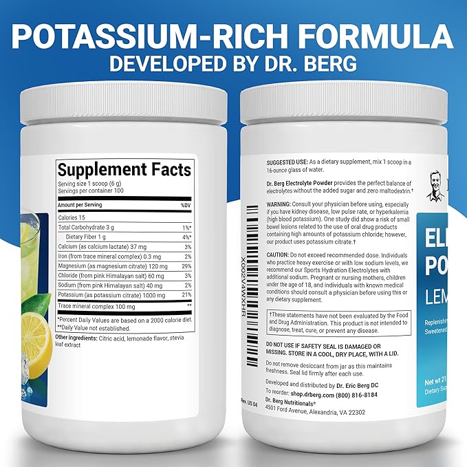 Dr. Berg Zero Sugar Hydration Keto Electrolyte Powder - Enhanced w/ 1000 mg of Potassium & Real Pink Himalayan Salt (NOT Table Salt) - Lemonade Flavor Hydration Drink Mix Supplement - 100 Servings