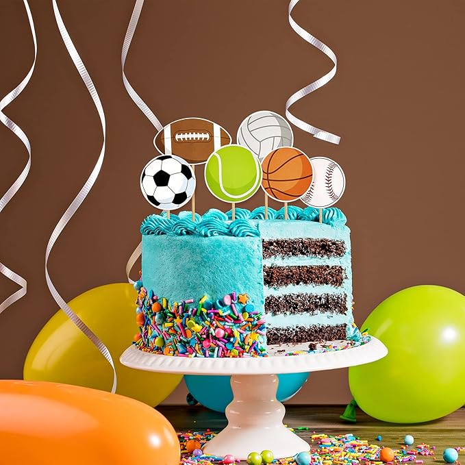 48 Pcs Sports Cupcake Toppers Cake Decorations, Sports Party Cupcake Picks, Baseball Basketball Soccer Football Tennis Volleyball Cake Toppers for Boy Kid Teen Adult Birthday Party Supplies, 6 Styles