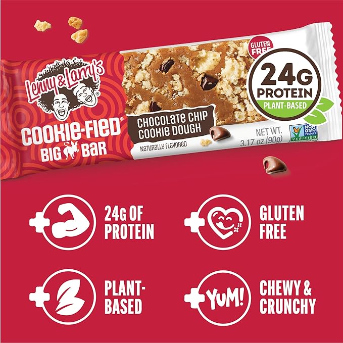 Lenny & Larry's Cookie-fied BIG BAR ??Chocolate Chip Cookie Dough Vegan Protein Bars 12x90g ??Healthy Snacks, 24g Plant Protein & 10g Prebiotic Fiber ??Gluten free Power Bar, Keto Friendly & Vegan