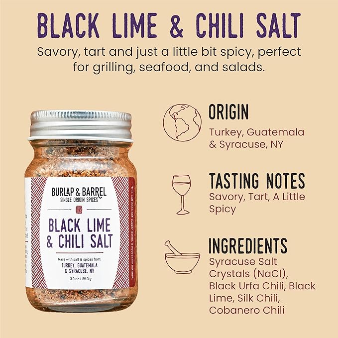 Burlap & Barrel Black Lime & Chili Salt - Savory, Tart, Mildly Spicy - Seasoning Salt for Seafood, Salads & Grilling - As Seen on Shark Tank - 3.0 oz Glass Jar