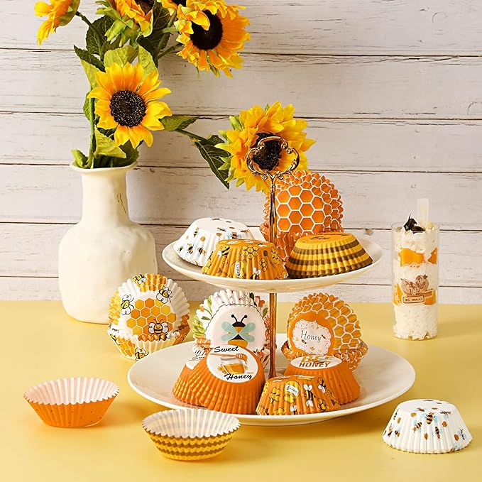 SANNIX 450pcs Yellow Cupcake Liners - 9 Bee Designs for Parties & Celebrations