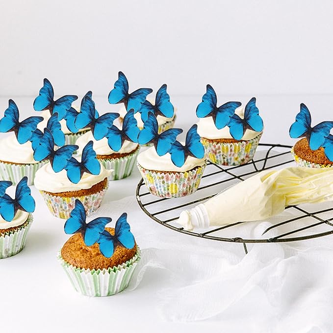 48PCS Edible Butterfly Cupcake Toppers Edible Butterfies for Cake Decorating Wafer Paper Edible Butterfly Cupcake Picks for Wedding Anniversary Kids Birthday Party Cake Decorations Supplies Blue