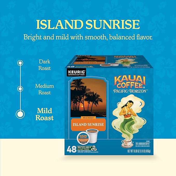Kauai Coffee K-Cup Pods for Keurig Brewers – Arabica Coffee, 10% Hawaiian – Mild Roast, Light with Bright Aroma – Island Sunrise, 1 Pack of 48 Single Serve K-Cups