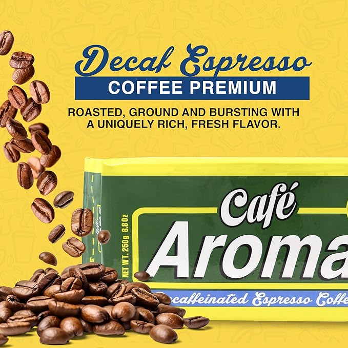 Café Aroma Decaf Dark Roast Espresso Ground Coffee, Authentic Cuban Style Coffee, Vacuum Sealed, 8.8oz, Perfect for Hot and Iced Coffee, 12-Pack