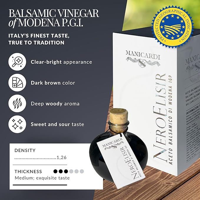 MANICARDI Traditional Balsamic Vinegar of Modena PGI - Black Elisir with Drip-Stop Dispenser Perfect for Snacks, Pasta, Vegetables, Salad Dressings, Meat - Made in Italy, 8.45 Fl Oz (250 ml)