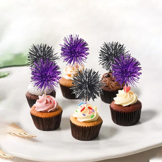 40 PCS Foil Firework Cupcake Toppers Sparkle Tinsel Cupcake Picks Fireworks Birthday Party Decorations Cocktail Fruit Toothpick for Birthday Wedding Graduation Party Decorations Supplies Black Purple