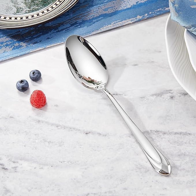 KEAWELL Premium Astra 4-Piece 9 inch Spoon Set ??Mirror-Finished 18/10 Stainless Steel with Diamond-Faceted Handles Dishwasher Safe for Modern Dining (4, Serving Spoons and Slotted Spoons)