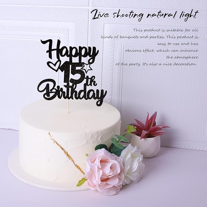 1 Pack Happy 15th Birthday Cake Topper Glitter Heart Star 15 Fabulous Cake Pick Birthday Sign Cake Decorations for Children 15th Birthday Theme Party Supplies Black