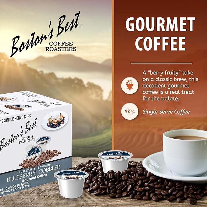 Bostonโs Best - Blueberry Cobbler Flavored Coffee Blend, Dessert Gourmet Compatible with Keurig Coffee Maker, 1 Count (42 Single Serve Medium Roast Cups)