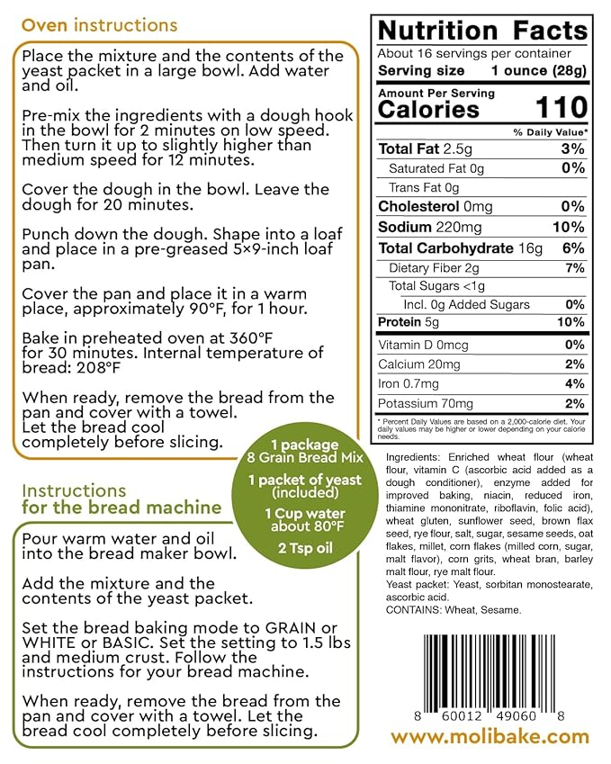 Molibake 8 Grain Bread Mix Pack of 4 - All-Natural Multigrain Baking Mix for Bread Machine and Oven - 15 oz - Multigrain Grain Mix for with Flax, Millet & Rye - Easy-to-Use Breads Maker Mix for Homemade Baking