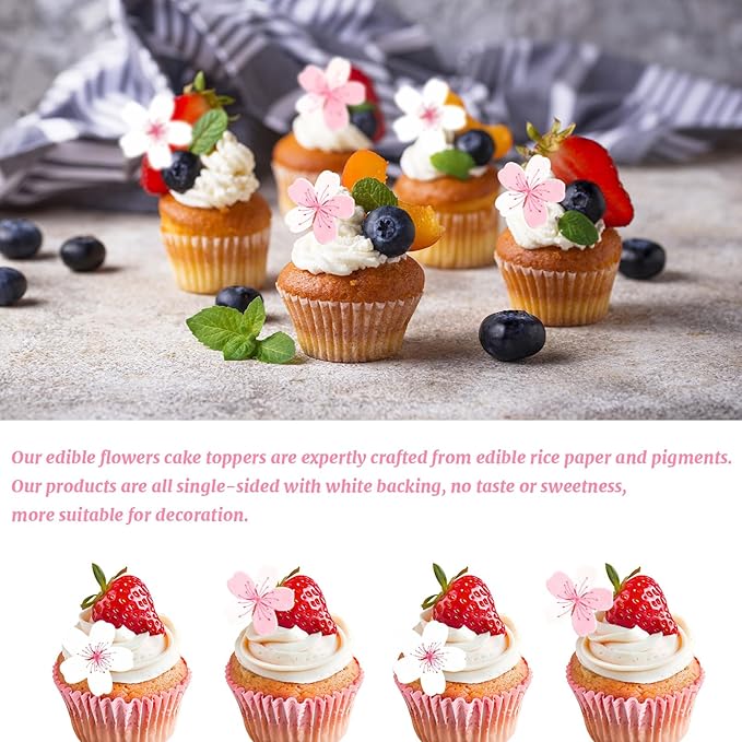 60pcs Edible Flowers Cake Decorations ??Edible Flowers Cherry Blossoms Cake Topper Cupcake Toppers Decorations Wafer Paper, Flower Cupcake Toppers for Wedding Birthday Party