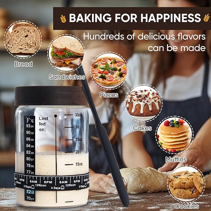 Sourdough Starter Jar, 35 oz Sourdough Starter Kit with Date Marker Feeding Band, Thermometer, Food-Grade Scraper, Cloth Cover and Acacia Wood Lid, Sourdough Bread Baking Supplies
