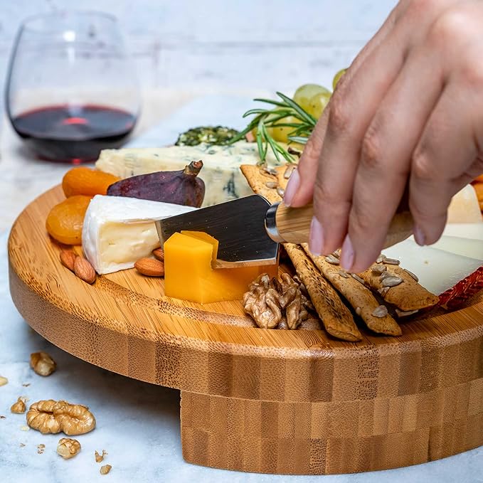 BlauKe Bamboo Cheese Board and Knife Set - 10 inch Round Charcuterie Board, Serving Tray, Platter, Wood Cheese Set - Gift Idea