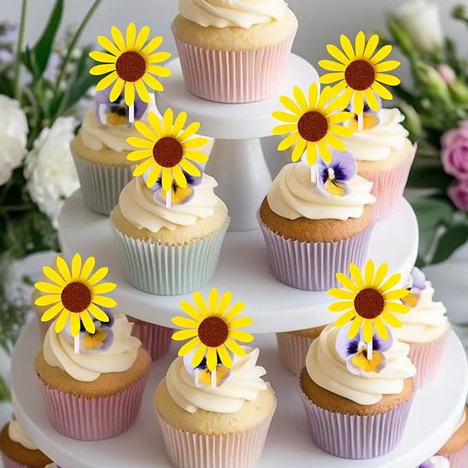 30 Pack Sunflower Cupcake Toppers Glitter Baby Shower Sunflower Cupcake Picks for Gender Reveal Theme Baby Shower 1st Birthday Party Cake Decorations Supplies Yellow