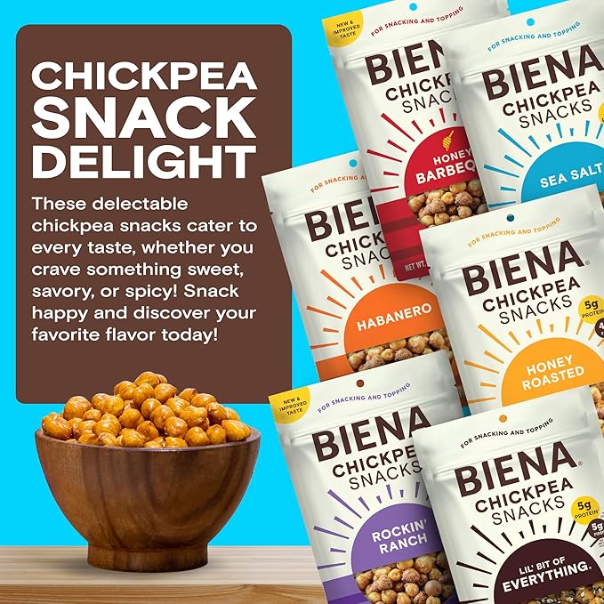 BIENA Chickpea Snacks - Crunchy Roasted Chickpeas - High Fiber Vegan Protein Snack for Adults & Kids - 6-Pack, 5 oz Bags - BBQ, Habanero, Honey Roasted, Lil' Bit of Everything, Sea Salt, Rockin' Ranch