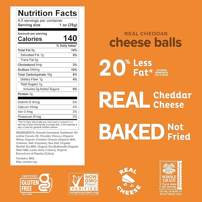 Heirloom Cheddar Cheese Balls by Pipcorn - 4.5oz 6 Pack - Gluten Free, Non-GMO Heirloom Corn, Organic Cheese, Non-Artificial, Preservative Free Snack