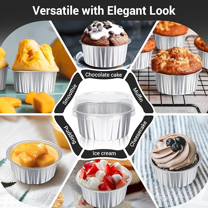EUSOAR Silver Cupcake Liners, 200pcs 5oz Mini Cake Pans Aluminum Foil Baking Cups with Lids, Cheesecake Muffin Cups, Disposable Dessert Containers Tin for Flan Creme Brulee Souffle Custard Pudding