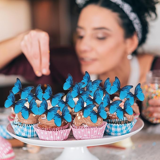 48PCS Edible Butterfly Cupcake Toppers Edible Butterfies for Cake Decorating Wafer Paper Edible Butterfly Cupcake Picks for Wedding Anniversary Kids Birthday Party Cake Decorations Supplies Blue