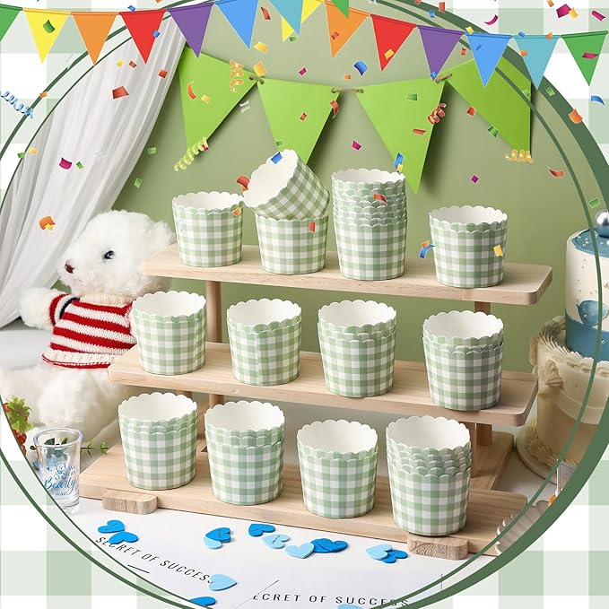 Vesici 150 Pcs Sage Green Gingham Ice Cream Cups 5oz Dessert Paper Bowls Gingham Scalloped Cupcake Cups Disposable Dessert Bowls for Food Sundae Frozen Yogurt Soup Party Supplies