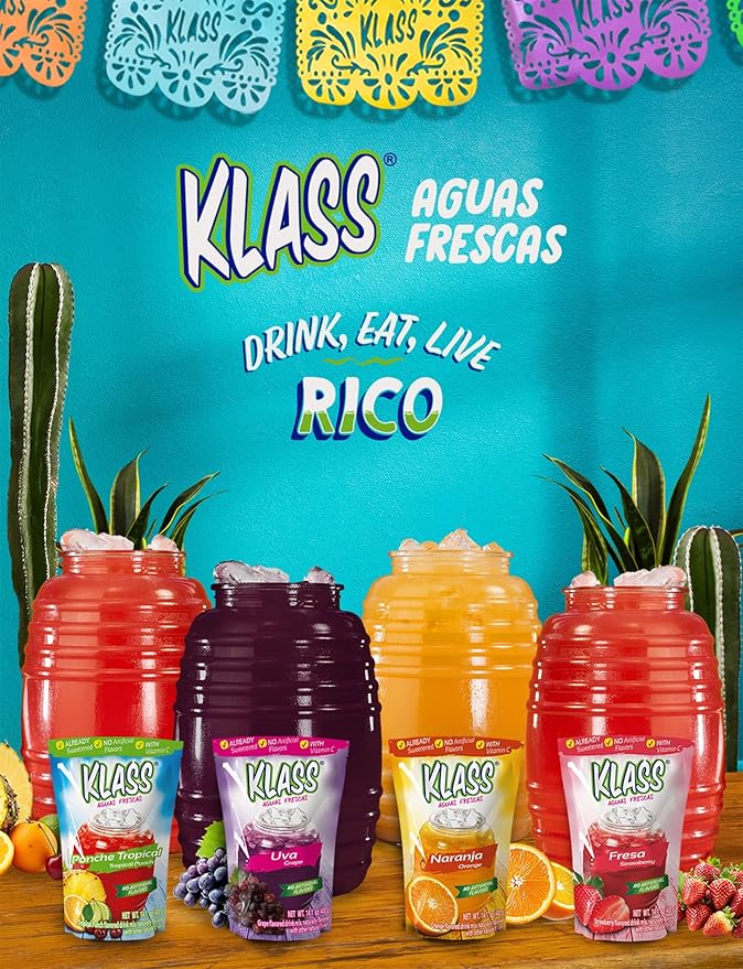 Klass Aguas Frescas | Drink Mix Tropical Variety Pack | Strawberry , Grape, Tropical Punch & Orange Drinks Flavors | From Natural Sources, No Artificial Flavors, With Vitamin C (Makes 7 to 9 Quarts) 14.1 Oz Family Pack (4-Pack)