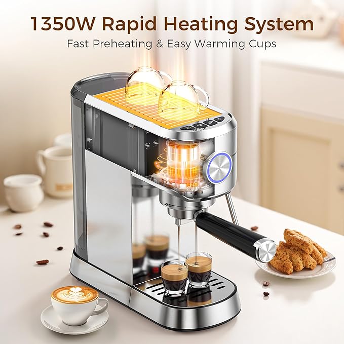 Kndko 20 Bar Espresso Machine, Professional Espresso Maker with Milk Frother Steam Wand, Compact Stainless Steel Coffee Machine with 40.5oz Removable Water Tank for Cappuccino, Latte