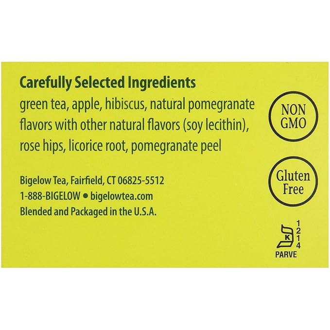 Bigelow Green Tea with Pomegranate 28-Count Box (Pack of 1) Premium Green Tea with Pomegranate Rosehips Hibiscus Antioxidant-Rich All Natural Medium-Caffeine Tea in Foil-Wrapped Bags