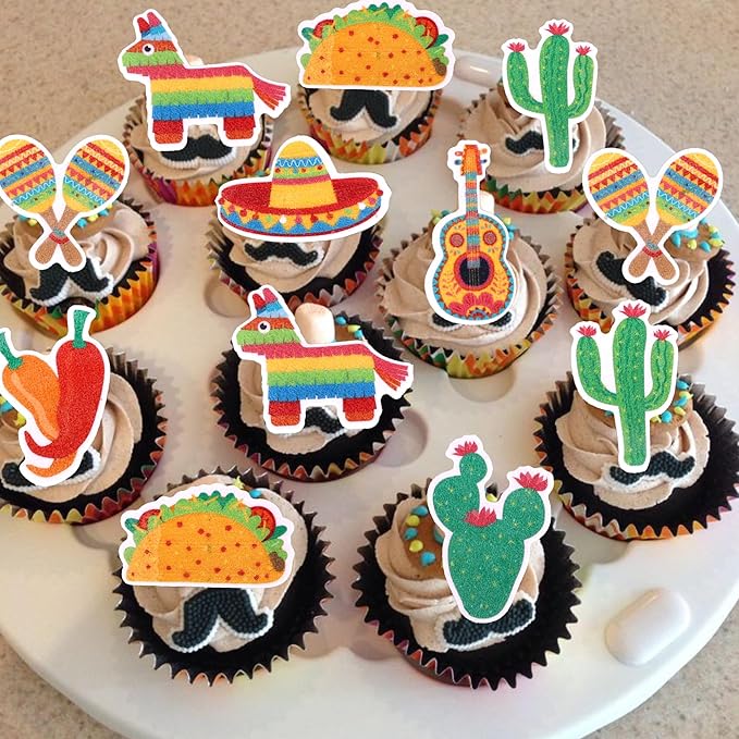 56 PCS Edible Mexican Fiesta Cupcake Toppers Cactus Donkey Maraca Sombrero Guitar Cupcake Picks Edible Mexican Fiesta Cake Decorations for Mexican Fiesta Theme Baby Shower Birthday Party Supplies