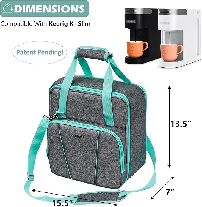 BAGSPRITE Travel Coffee Maker Bag for Keurig K-Slim, Single Serve Coffee Brewer Carrying Case, Portable Travel Coffee Maker Storage Case with Pockets for K-Cup Pods (Full Open Design Patent Pending)
