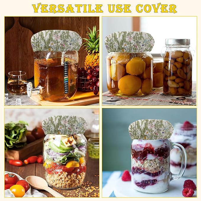 Herbs 5- Pack Cloth Covers for Sourdough Starter Jar, Wild Flowers Cloth Covers Reusable Lid Top Sourdough Bowl Cover Bread Fermentation Baking Supplies for 3-4 Inch Jar Mouth