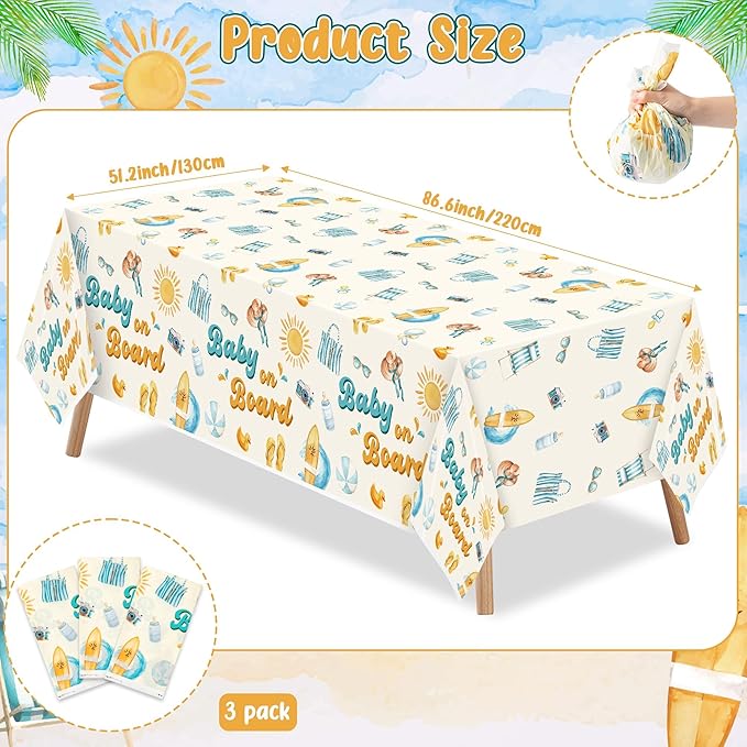 Baby on Board Baby Shower Party Tablecloths - 3Pcs Splish Splash Baby Bash Birthday Table Cover Party Decorations, Rectangular Plastic Disposable Table Cloth Decor for Birthday Summer Event