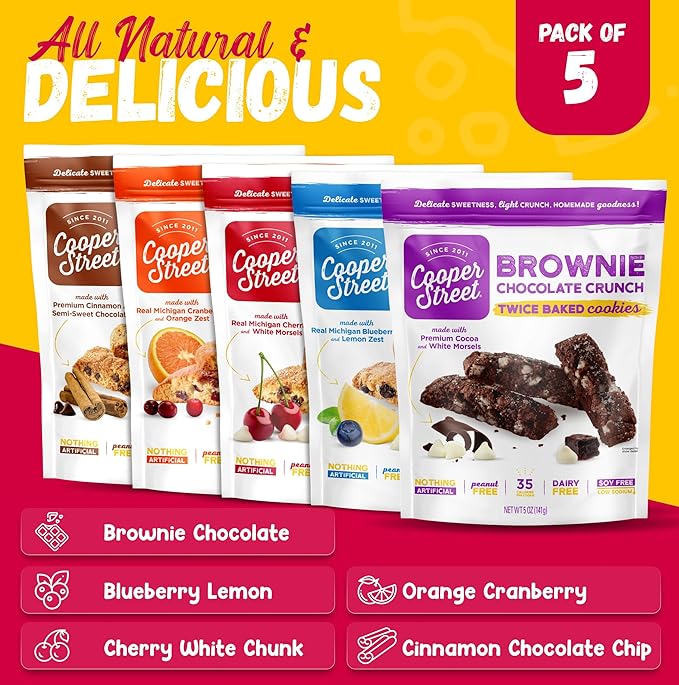 Cooper Street Twice Baked Biscotti Cookies Variety Pack - 5 Pack (5oz Each) - Light and Crispy Coffee Cookies 5 Flavors Assortment - Low-Calorie Snacks for Adults & Kids - Dairy & Peanut Free, Kosher