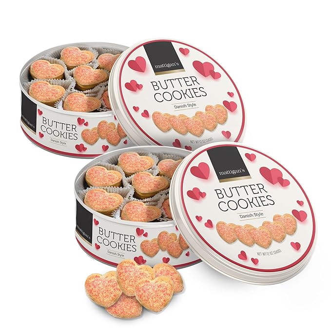 Mattigan's Pink Heart Butter Cookies Danish Style Cookie, 12 Oz Tin 2-Pack, Gourmet Gifts for Birthday, Special Occasions, Assorted Cookie Dessert Sweets, Two Reusable Metal Tin