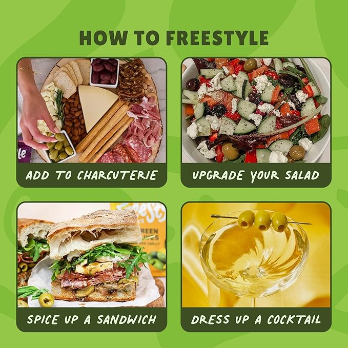 Freestyle Snacks Olive Snack Packs - Single Serve - Fresh Pitted Green Olives, Jumbo-Sized, Grown in Greece, All Natural, Non-GMO, Paleo, Sugar-Free, Keto, Salty Snack - Variety, 1.1oz (24 Pack)