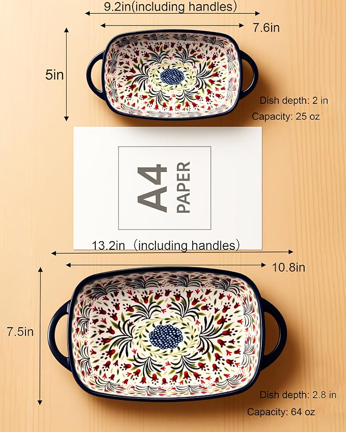Ceramic Baking Dish Set of 2 ??Decorative Polish Pottery Style Casserole Dishes with Handles, Cute Oven-Safe Lasagna Bakeware Gift Set