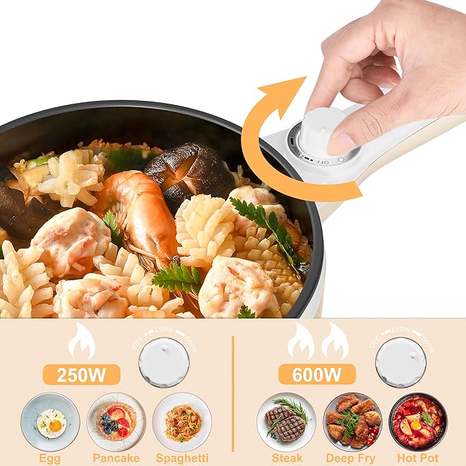 Dezin Hot Pot Electric with Steamer Upgraded, Non-Stick Saut챕 Pan, Rapid Noodles Electric Pot, 1.5L Mini Pot for Steak, Egg, Fried Rice, Ramen, Oatmeal, Soup with Power Adjustment