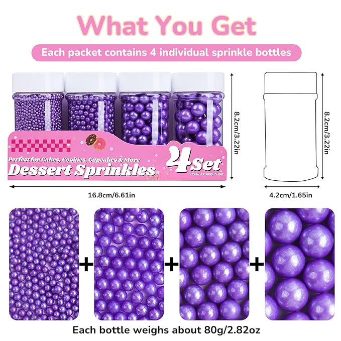Purple Pearl Sprinkles for Cake Decorating, 11.3 Oz Edible Pearls Sugar 4 Sizes Gift Box Set for Baking Cookie Ice Cream Cupcake Toppings