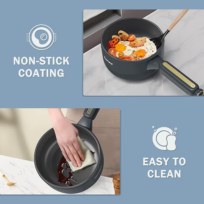 TOPWIT Hot Pot Electric, 2L Electric Pot, Non-Stick Saut챕 Pan, Portable Cooker for Steak, Egg, Fried Rice, Ramen, Soup with Dual Power Control (Silicone Spatula Included), Grey