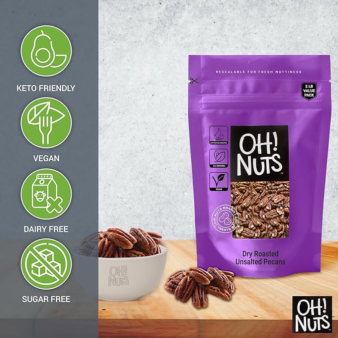 Oh! Nuts Pecans Dry Roasted Unsalted - Kosher, Oil-Free, All Natural Pecans - For Baking, Snacks, Salad, Dressing - Packed in 2 LB Resealable Bulk Bag