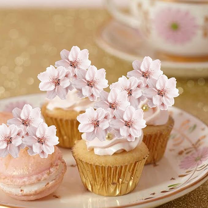 40 Pack Edible Cherry Blossom Cupcake Toppers - Cherry Flowers Cake Toppers Rice Paper Wafer Paper Cake Picks for Bridal Shower Baby Shower Kids Birthday Cake Decorations - Light Pink