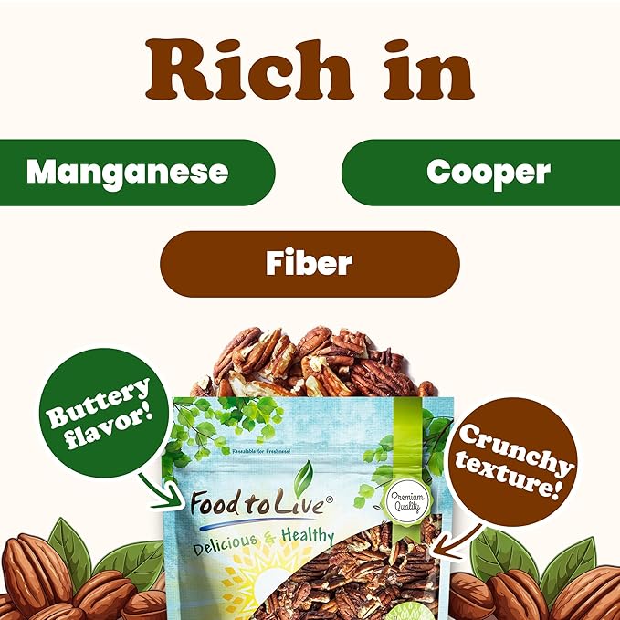 Food to Live Dry Roasted Pecan Pieces with Himalayan Salt, 3 Pounds ??Oven Roasted, Lightly Salted, No Oil Added, Perfect for Cooking, Baking and Snacking, Vegan, Kosher, Bulk