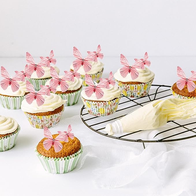 72PCS Edible Butterfly Cupcake Toppers Butterfly Cupcake Picks Edible Butterfly Cupcake Decorations for Butterfly Theme Baby Shower Kids Birthday Party Cake Decorations Supplies Pink