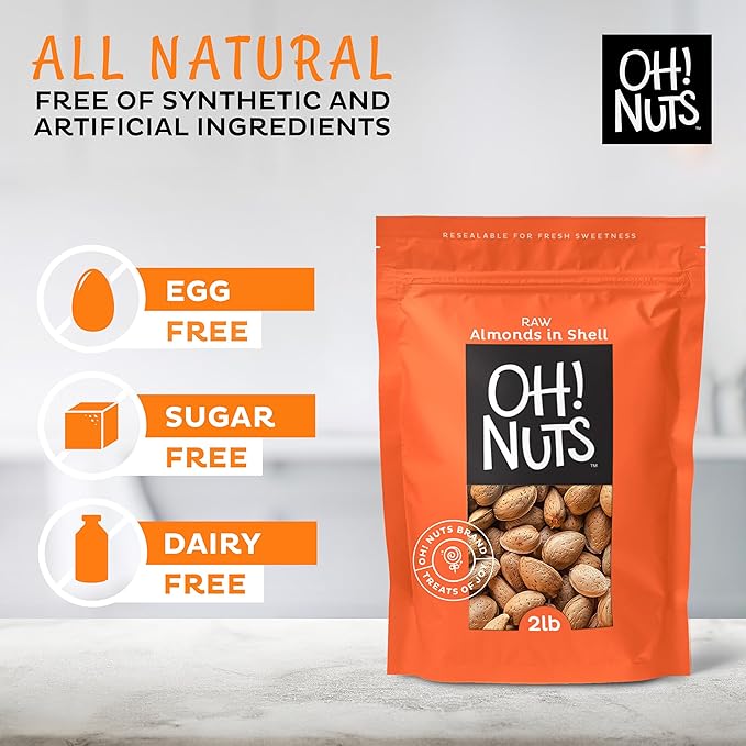 Oh! Nuts Raw Almond in Shell - Bulk Almonds - 2 lb - 100% Natural Whole Almonds