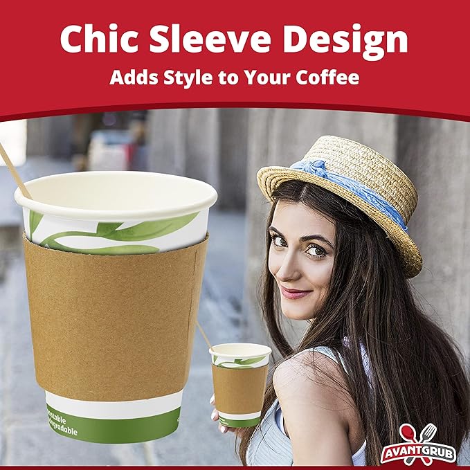 50Pk of 12Oz Recyclable Hot Drink Cups Wood Stirrers and Cardboard Coffee Sleeves. Biodegradable Compostable and Disposable Decorative White Coffee Cups Useful for Eco Friendly Business and Cafes.