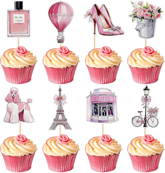 32Pcs Paris Party Cupcake Topper Pick Eiffel Tower Bicycle High Heels Flowers For Kids Birthday And Baby Shower Birthday Party Decoration