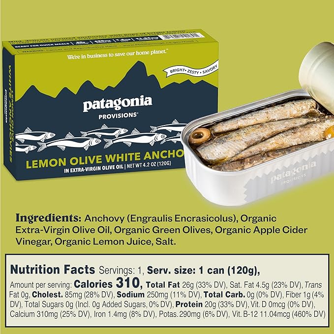 Patagonia Provisions Lemon Lovers Sampler with Rosemary Garlic Crackers | (1) Lemon Caper Mackerel, (1) Lemon Olive Anchovies, (1) Lemon Herb Mussels