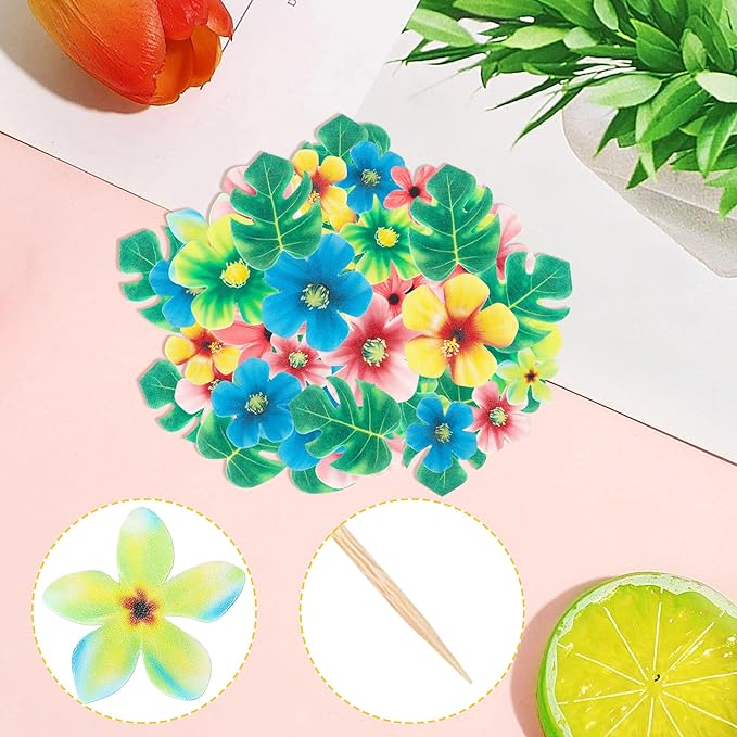 83 PCS Edible Tropical Palm Leaves and Hawaii Flowers Cupcake Toppers Edible Flowers Cupcake Picks Hawaii Theme Cake Decorations for Jungle Theme Birthday Party Wedding Cake Decoration Supplies